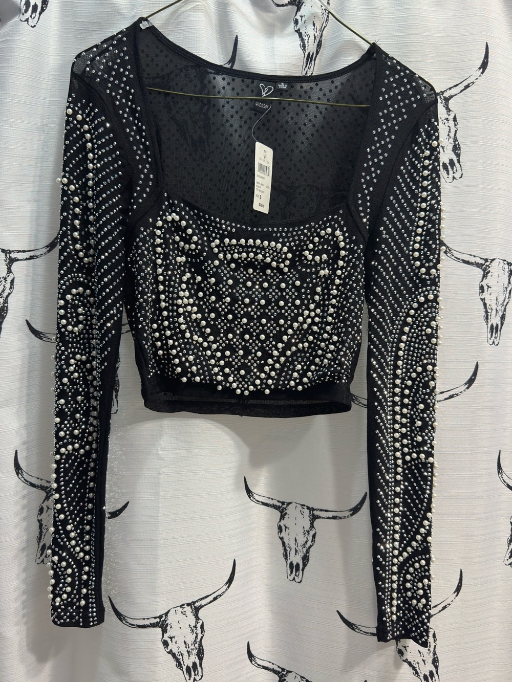 Windsor Black Studded Long-Sleeve Crop Top